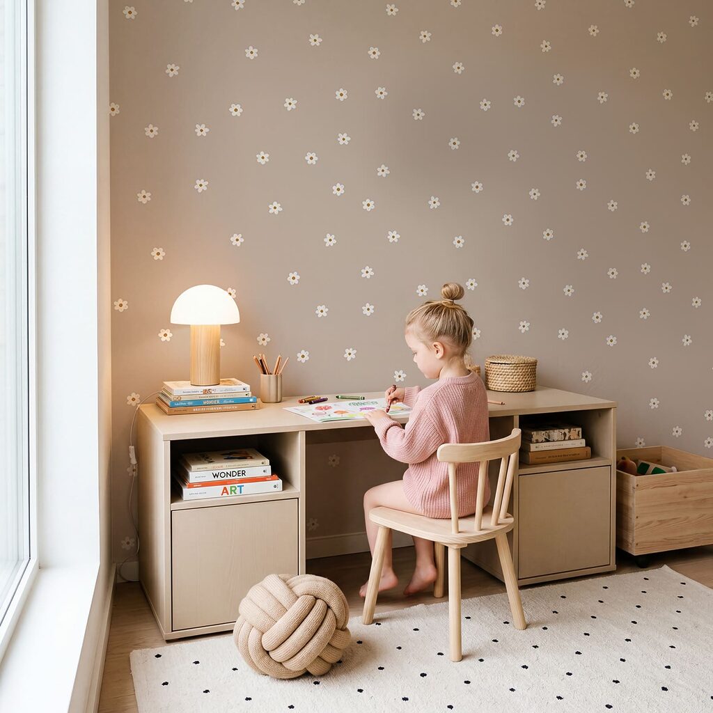 Pattern of small white flowers on a tan background
