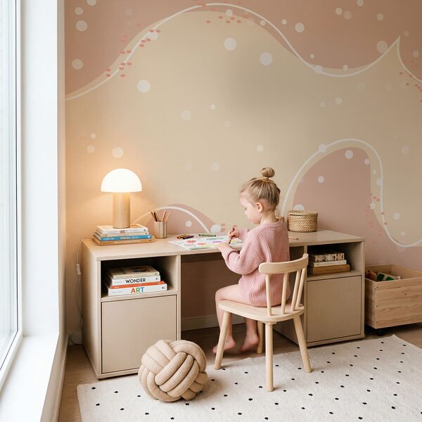 White and pink background with dots