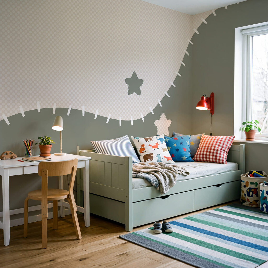 White and grey fabric with stars