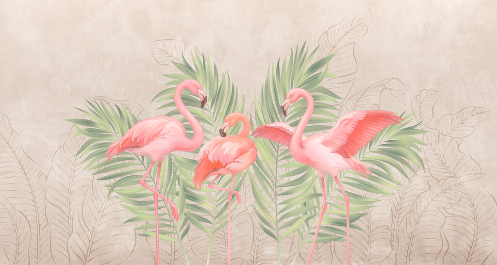 Group of pink flamingos with green leaves