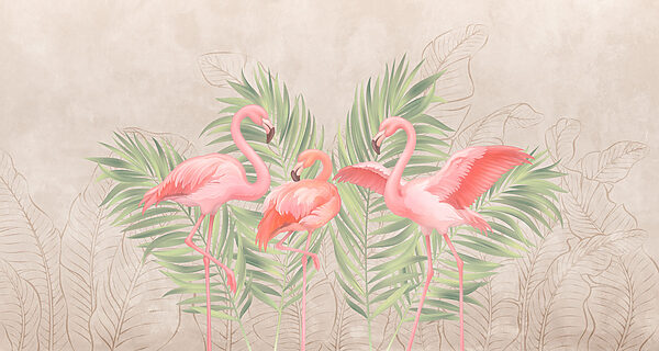 Group of pink flamingos with green leaves