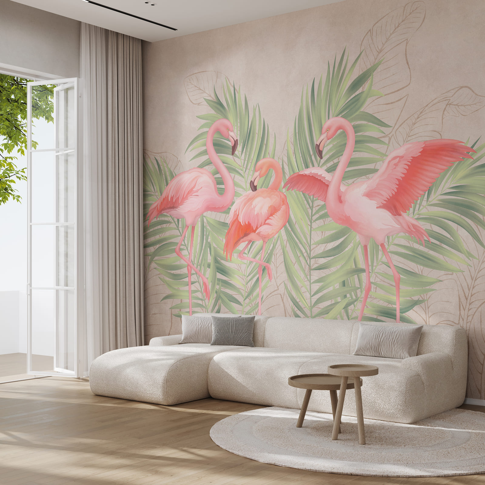 Group of pink flamingos with green leaves
