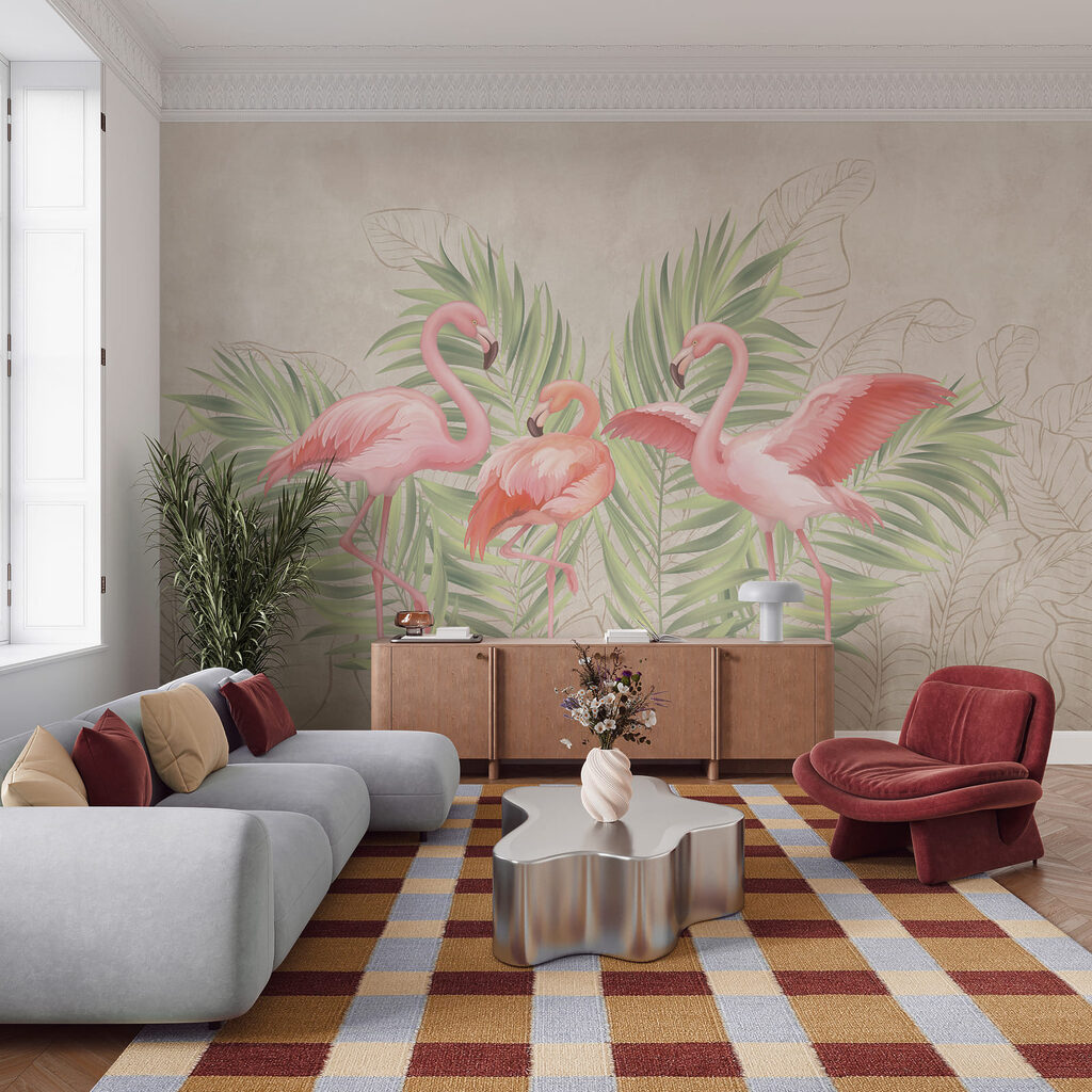 Group of pink flamingos with green leaves