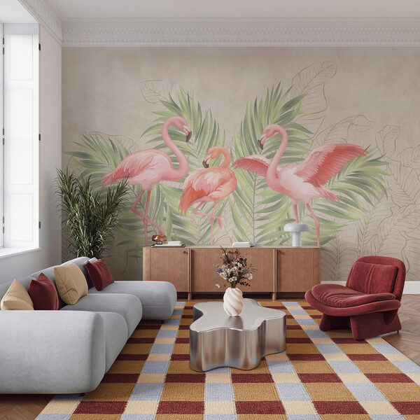 Group of pink flamingos with green leaves