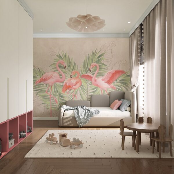 Group of pink flamingos with green leaves