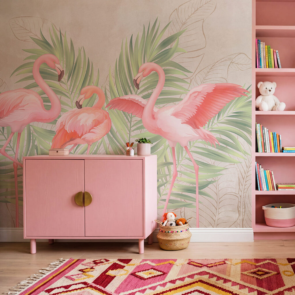 Group of pink flamingos with green leaves