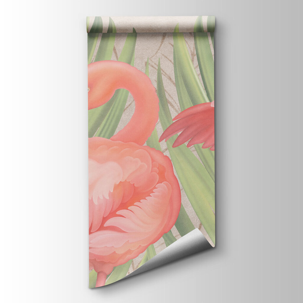 Group of pink flamingos with green leaves