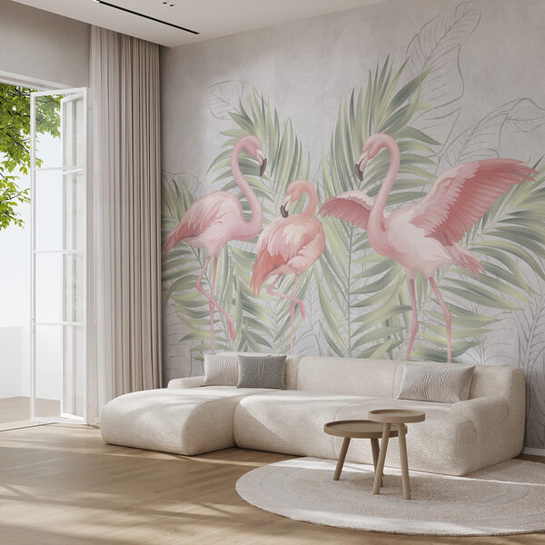 Wall mural Group of pink flamingos with green leaves (SKU: t00741v1) Wall mural Wall mural Group of pink flamingos with green leaves (SKU: t00741v1)