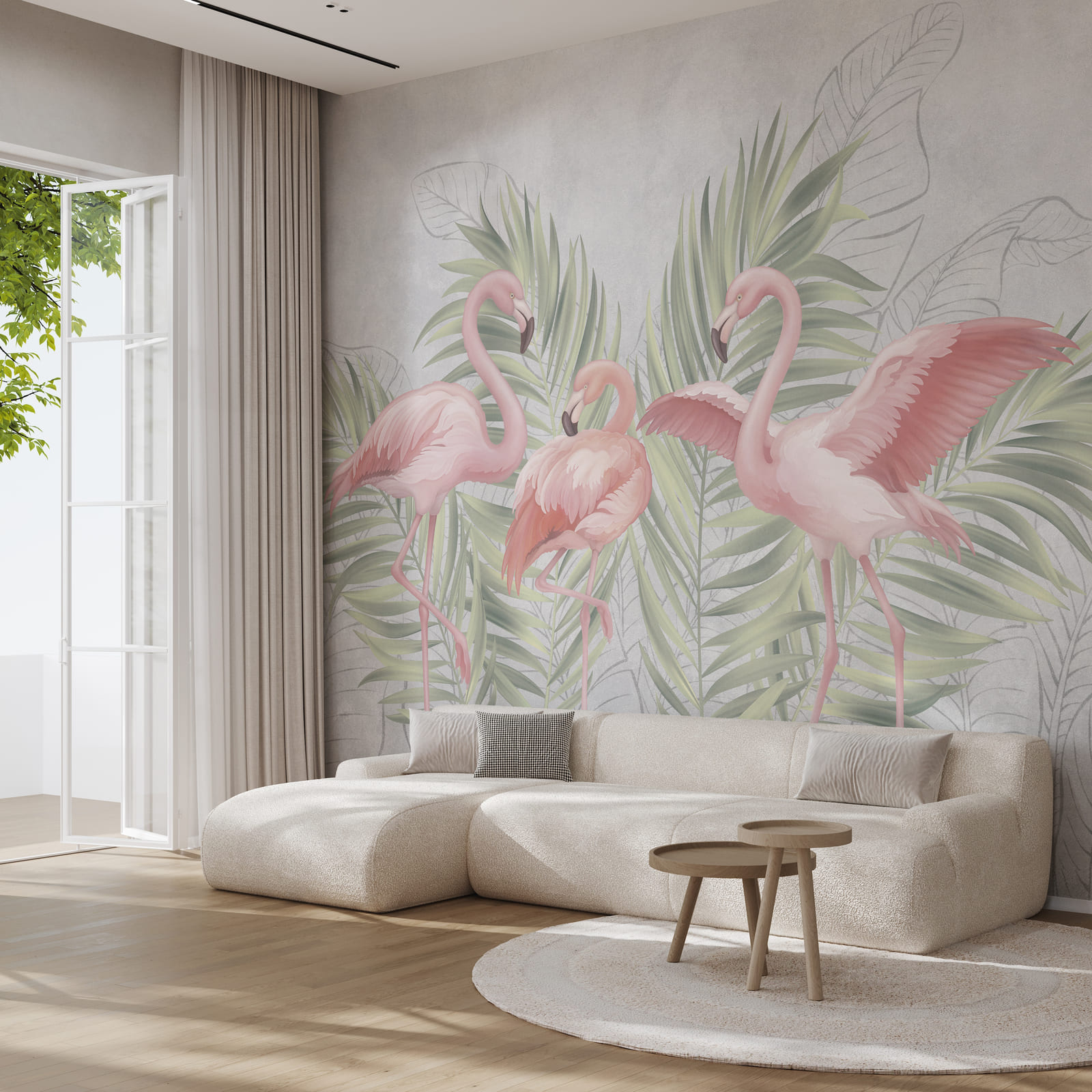 Group of pink flamingos with green leaves Group of pink flamingos with green leaves