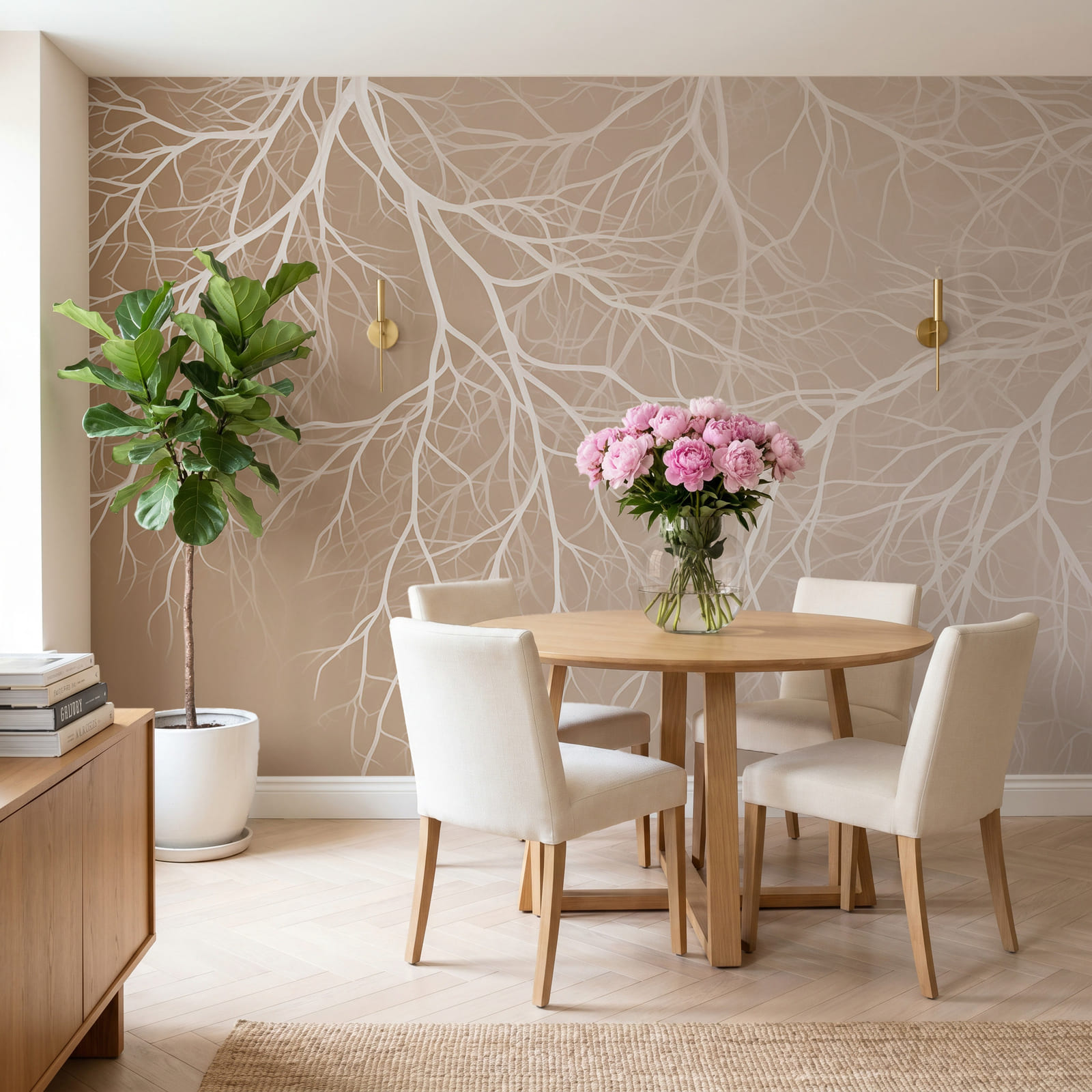 White branches on a beige background White branches on a beige background