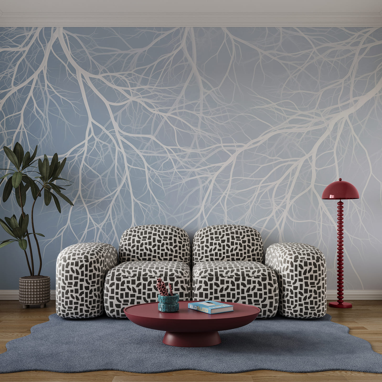 White branches on a blue background