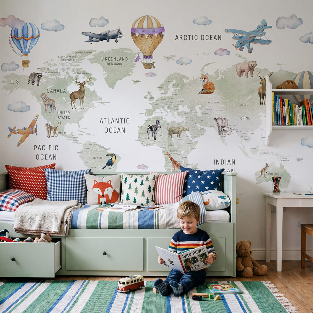 Map of the world with animals and birds Map of the world with animals and birds
