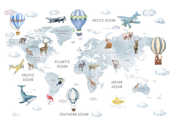 Map of the world with animals and birds
