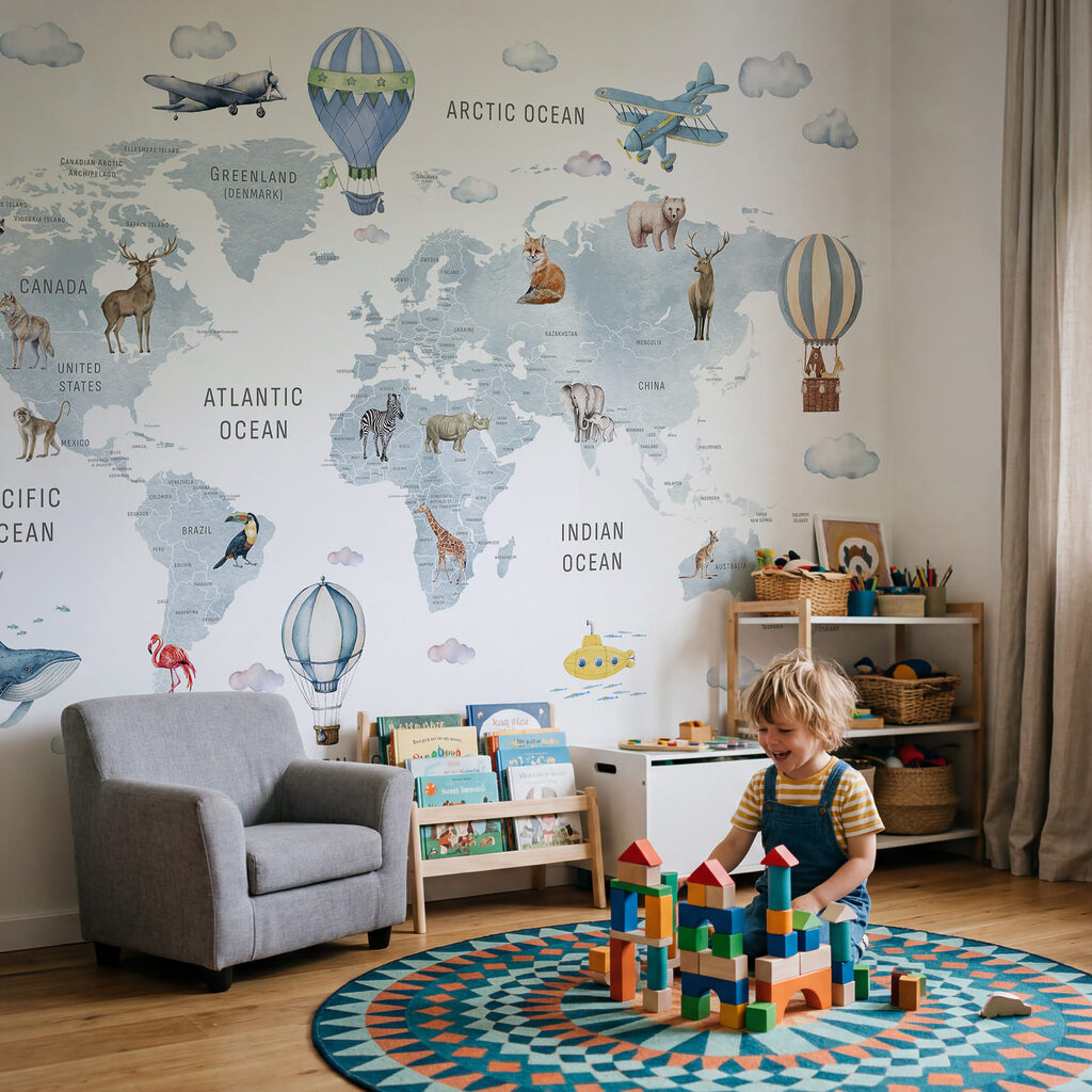 Map of the world with animals and birds