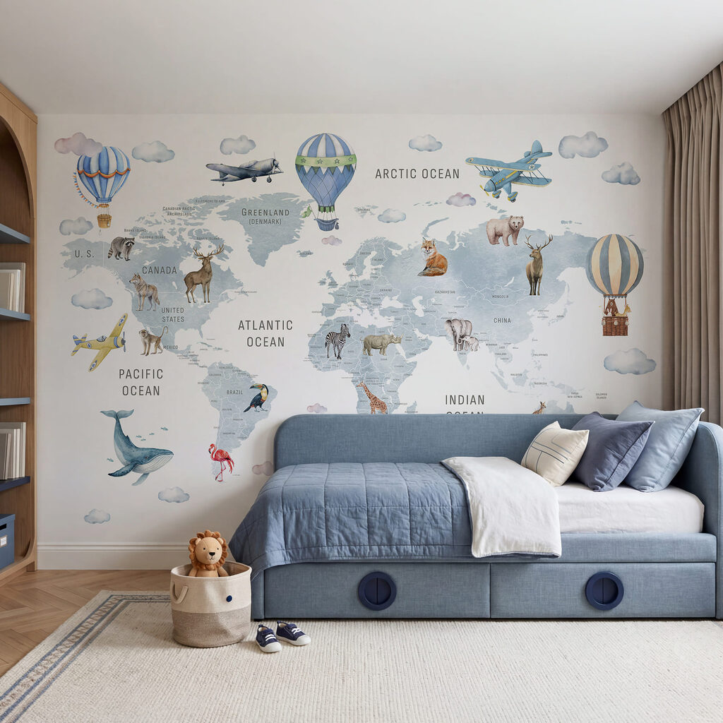 Map of the world with animals and birds