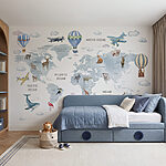 Wall mural Map of the world with animals and birds