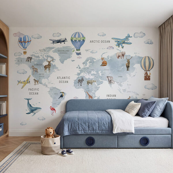 Map of the world with animals and birds
