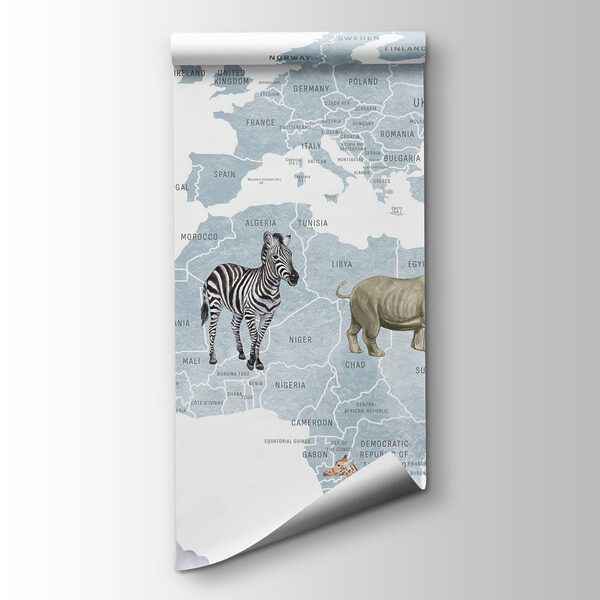 Map of the world with animals and birds