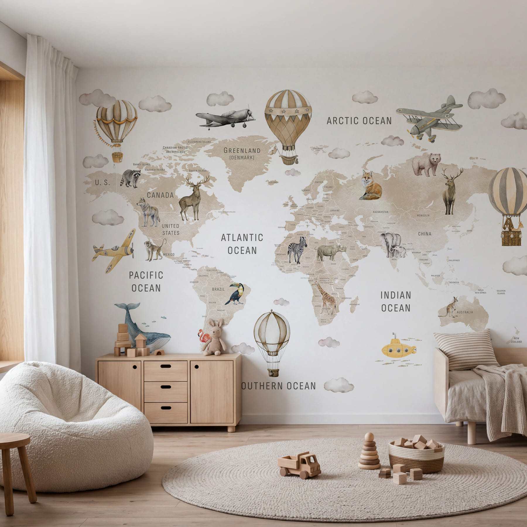 Map of the world with animals and air balloons