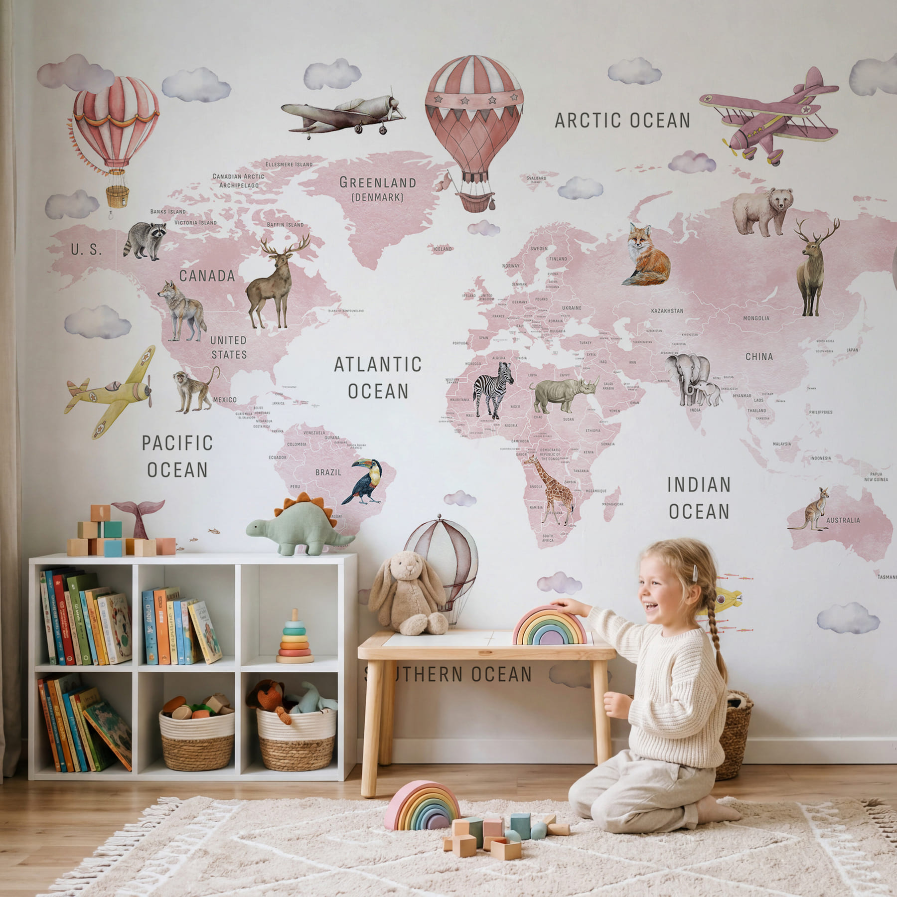 Map of the world with animals and birds Map of the world with animals and birds