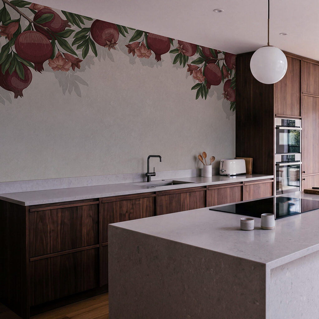 Wallpaper with a pattern of red fruits and flowers Wallpaper with a pattern of red fruits and flowers
