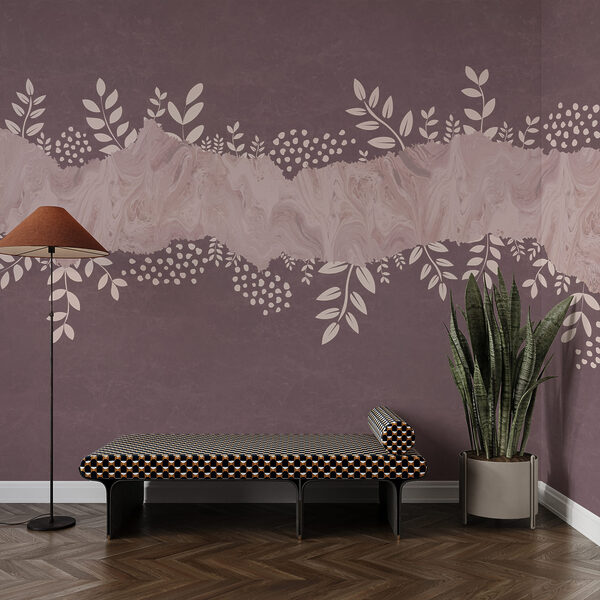 Purple and white background with leaves and flowers