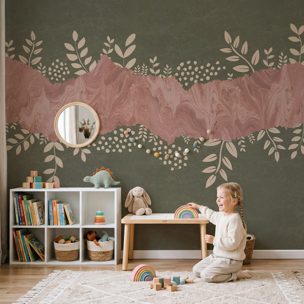 Pink and green background with leaves and flowers