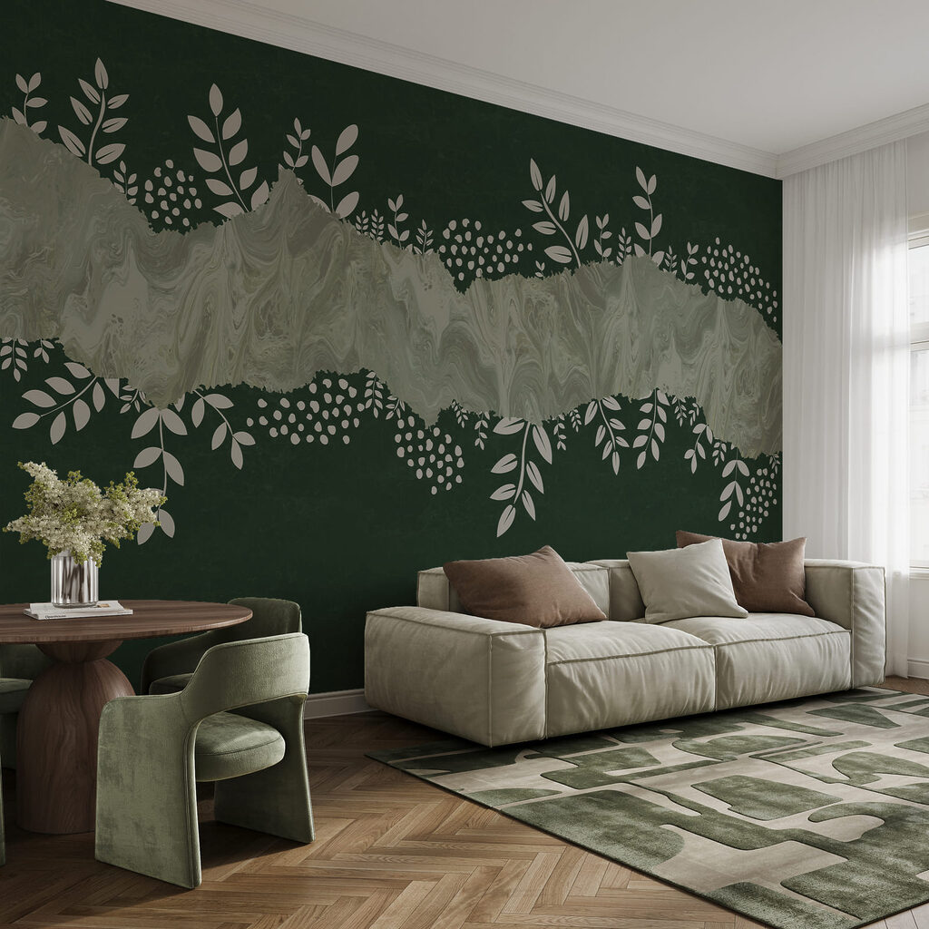 Green and white background with white leaves and flowers