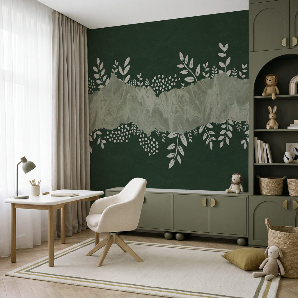 Green and white background with white leaves and flowers