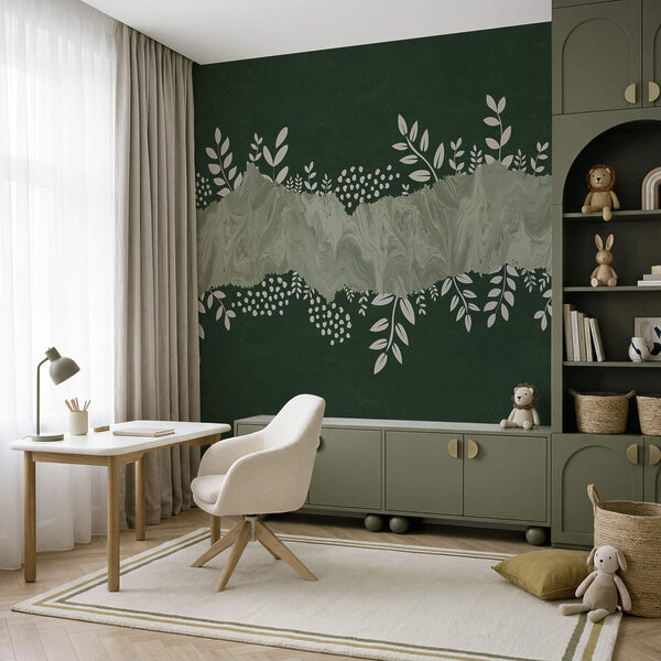 Green and white background with white leaves and flowers