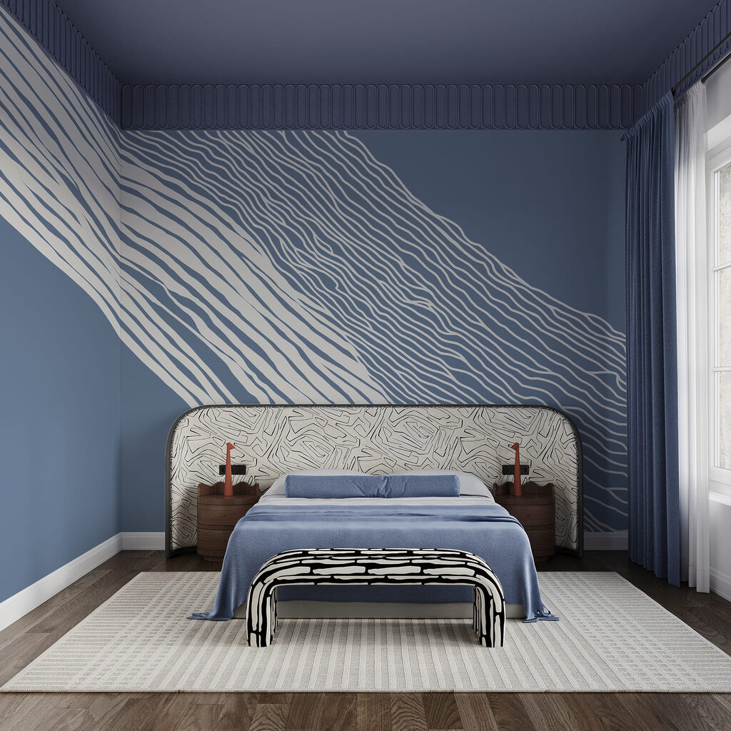 Blue and white background with white lines