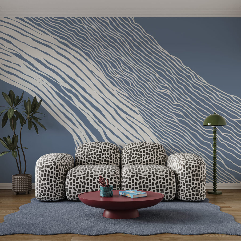 Blue and white background with white lines