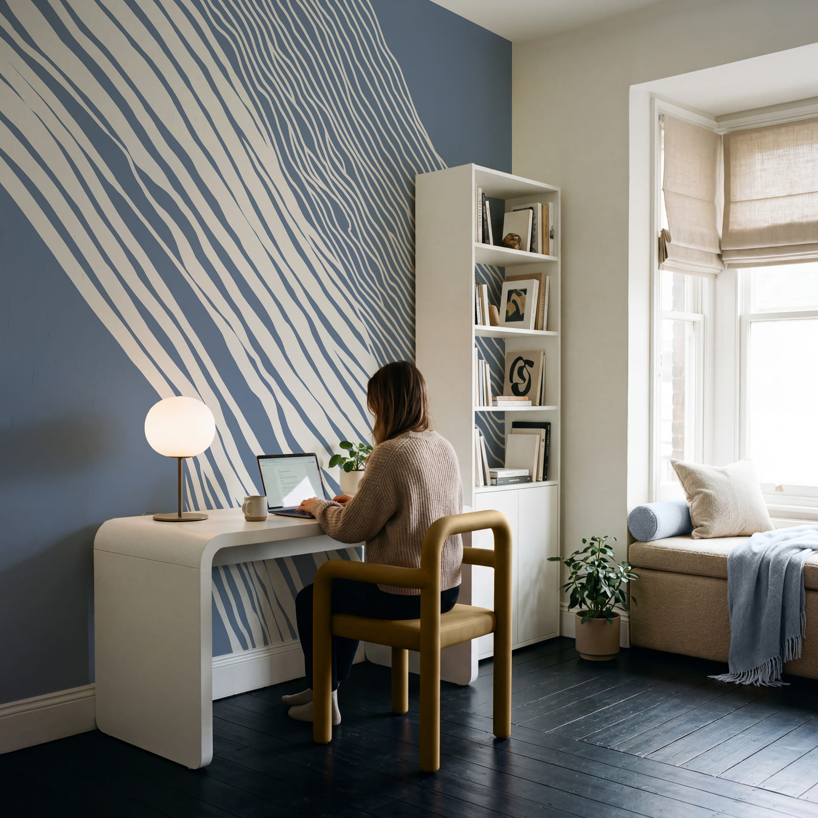 Blue and white background with white lines