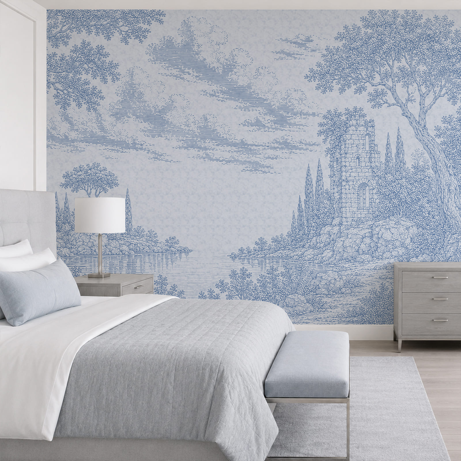 Blue and white drawing of a lake and trees Blue and white drawing of a lake and trees