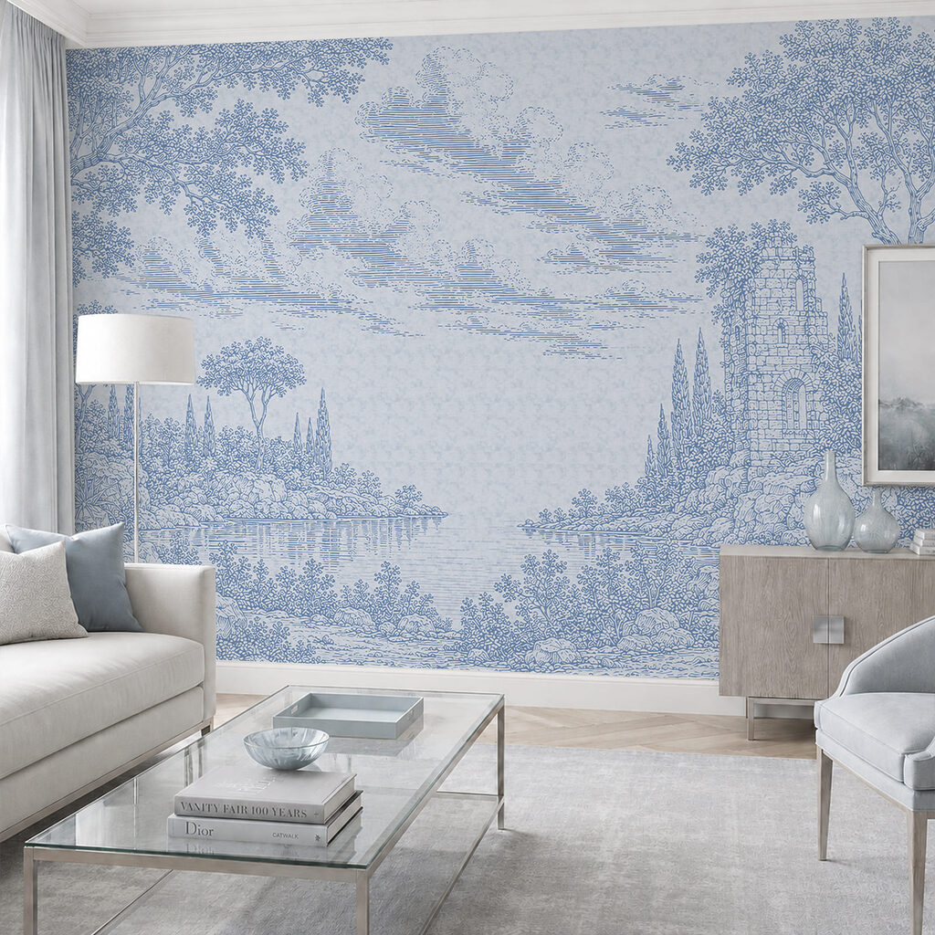 Blue and white drawing of a lake and trees Blue and white drawing of a lake and trees