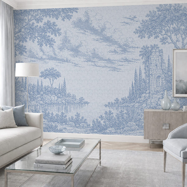 Blue and white drawing of a lake and trees Blue and white drawing of a lake and trees