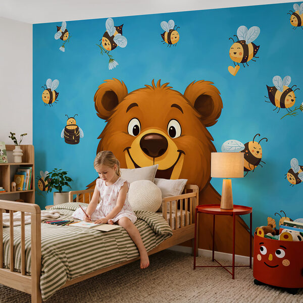 Cartoon bear with bees flying around it