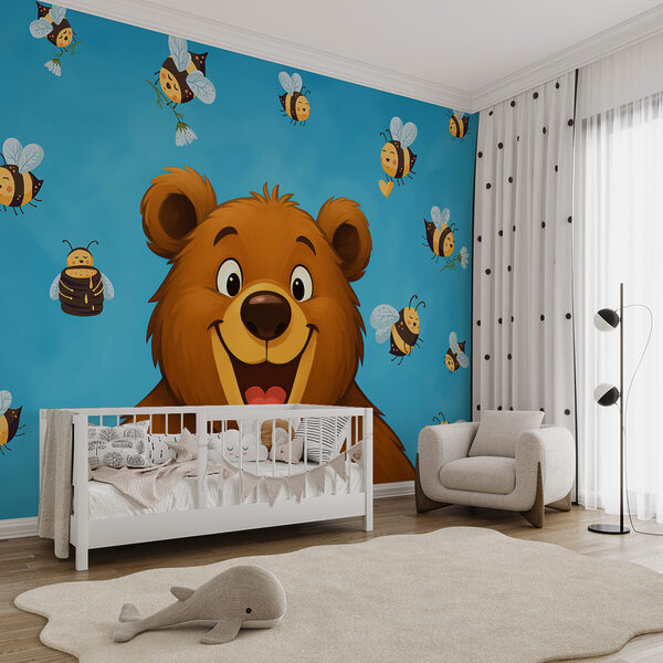 Cartoon bear with bees flying around it