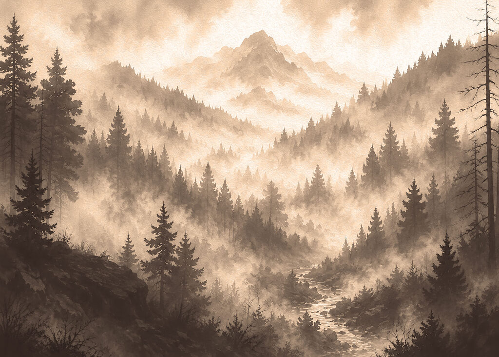 Foggy mountain landscape with trees and a river