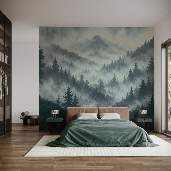 Foggy mountain landscape with trees and a river Foggy mountain landscape with trees and a river