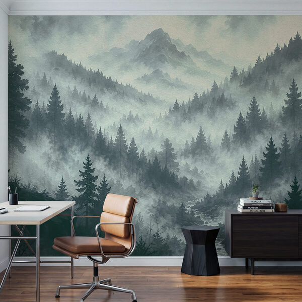 Foggy mountain landscape with trees and a river Foggy mountain landscape with trees and a river