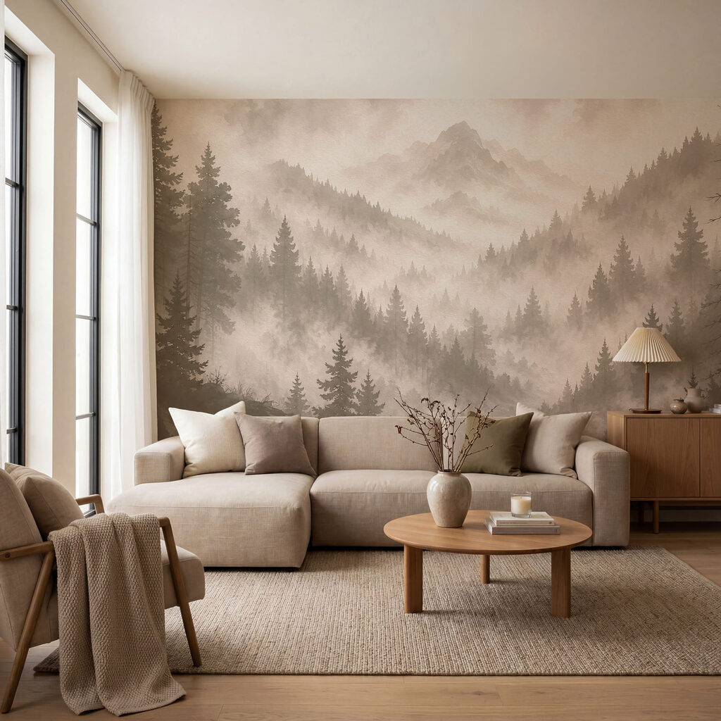 Foggy mountain landscape with trees and a river Foggy mountain landscape with trees and a river
