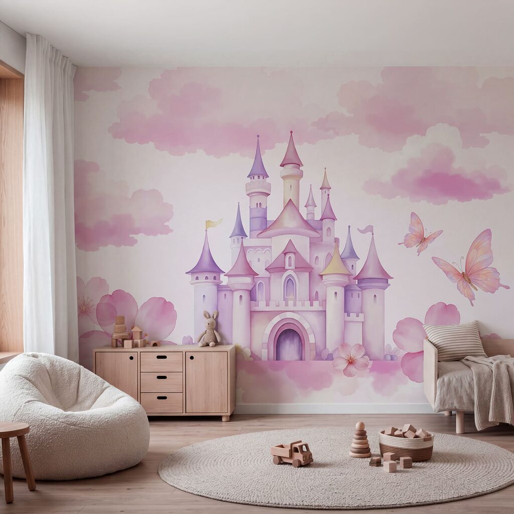 Pink castle with butterflies and pink clouds Pink castle with butterflies and pink clouds