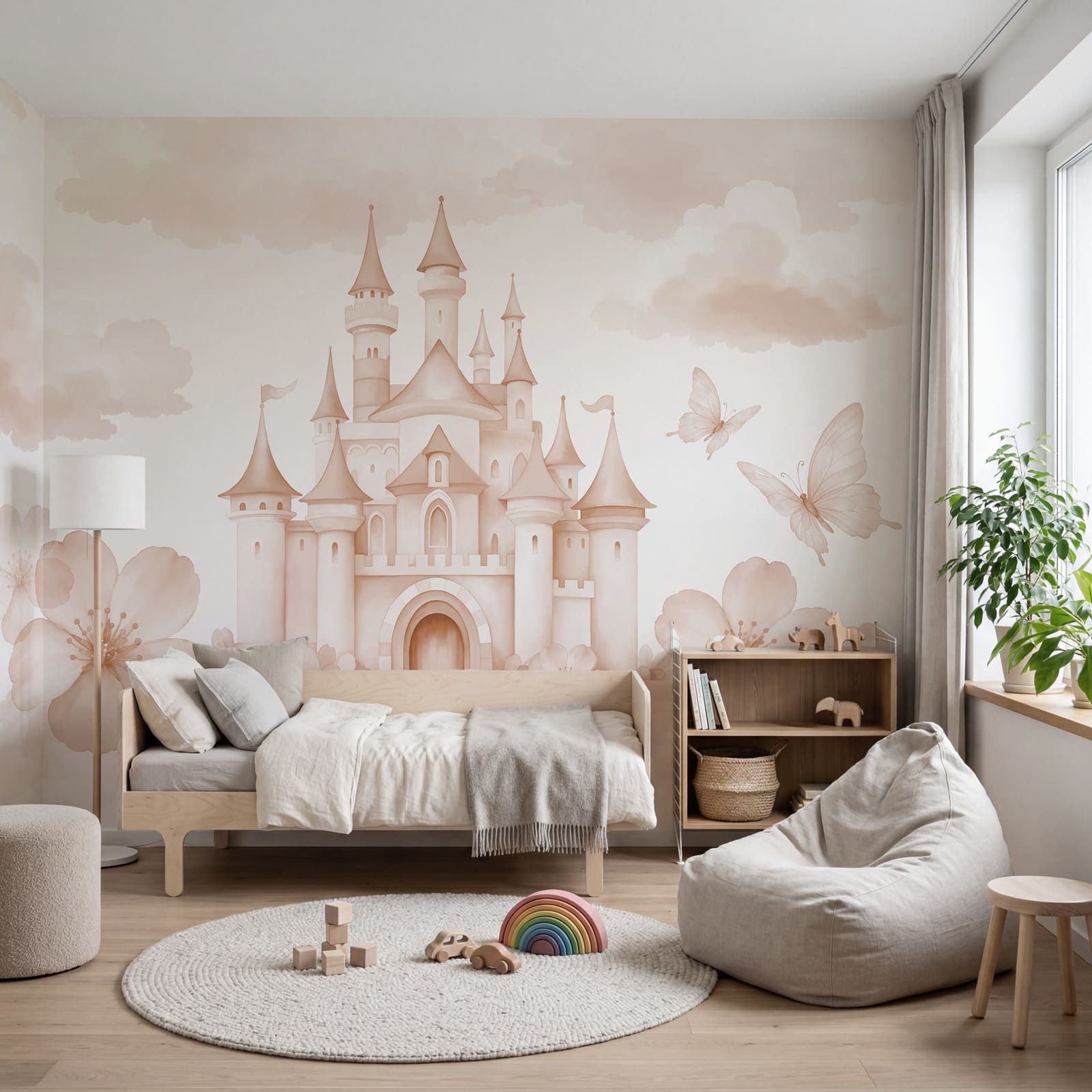 Pink castle with butterflies and flowers Pink castle with butterflies and flowers