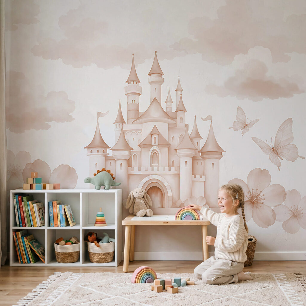 Pink castle with butterflies and flowers Pink castle with butterflies and flowers
