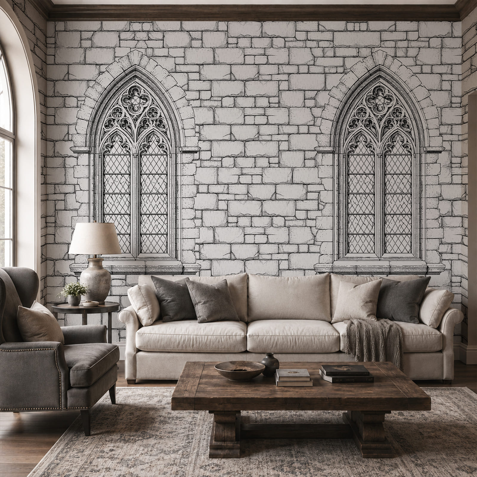 Elegant gothic windows on stone structure Elegant gothic windows on stone structure