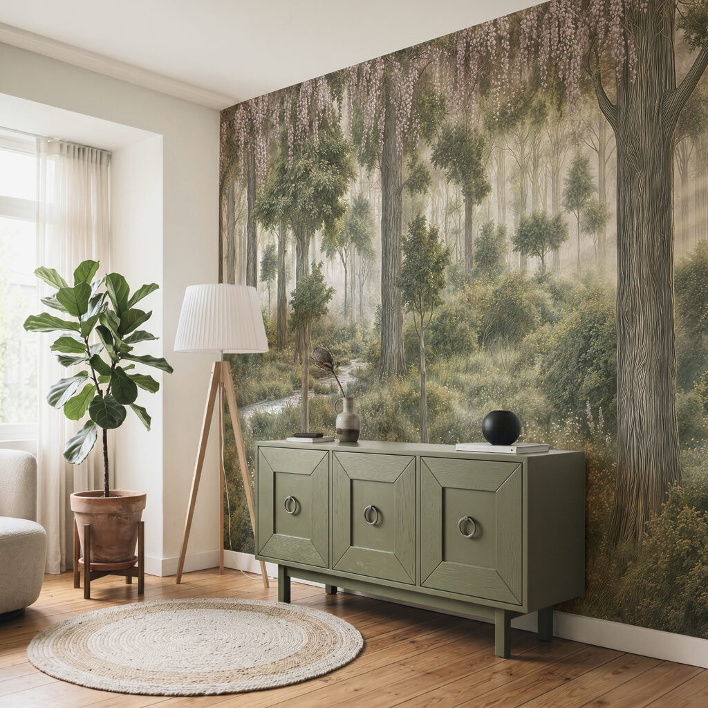 Painting of a forest with trees and plants Painting of a forest with trees and plants