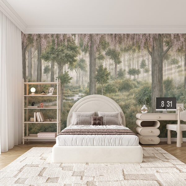 Painting of a forest with trees and plants Painting of a forest with trees and plants