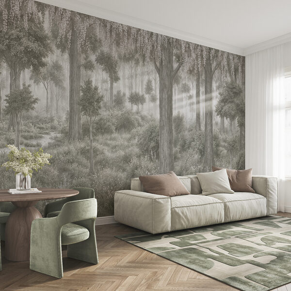 Painting of a forest with trees and plants Painting of a forest with trees and plants