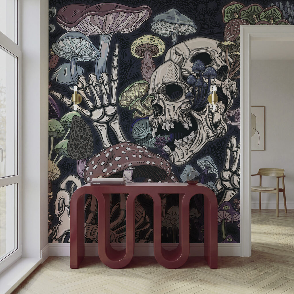 Skeleton and mushrooms with a hand Skeleton and mushrooms with a hand